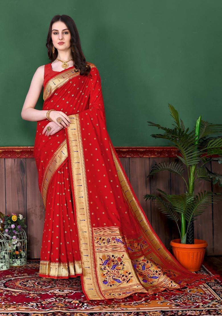 Red Zari Woven Silk Saree Set - Indya