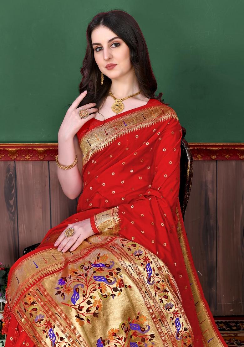 Red Zari Woven Silk Saree Set - Indya