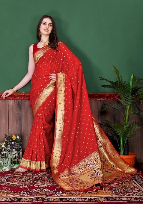 Red Zari Woven Silk Saree Set — view on Indya
