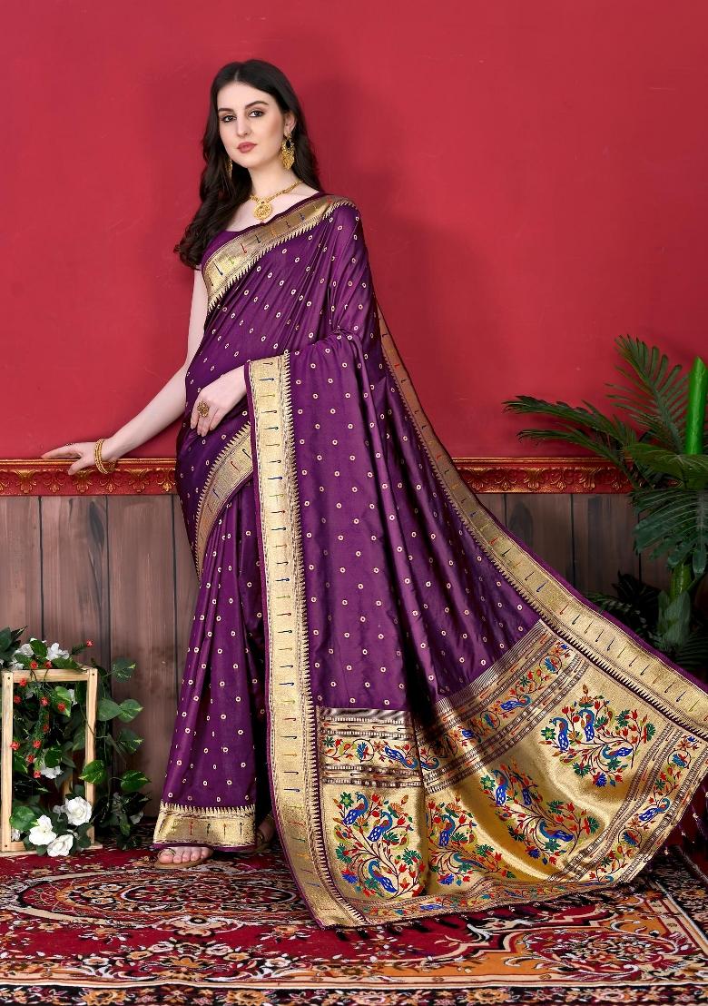 Wine Zari Woven Silk Saree Set - Indya