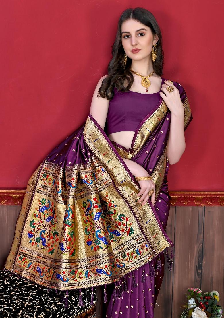 Wine Zari Woven Silk Saree Set - Indya