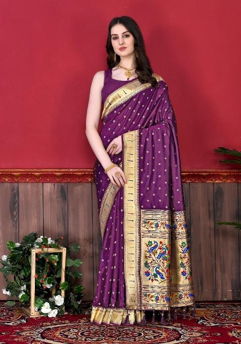 Wine Zari Woven Silk Saree Set