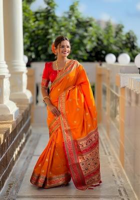 Orange Zari Woven Silk Saree Set