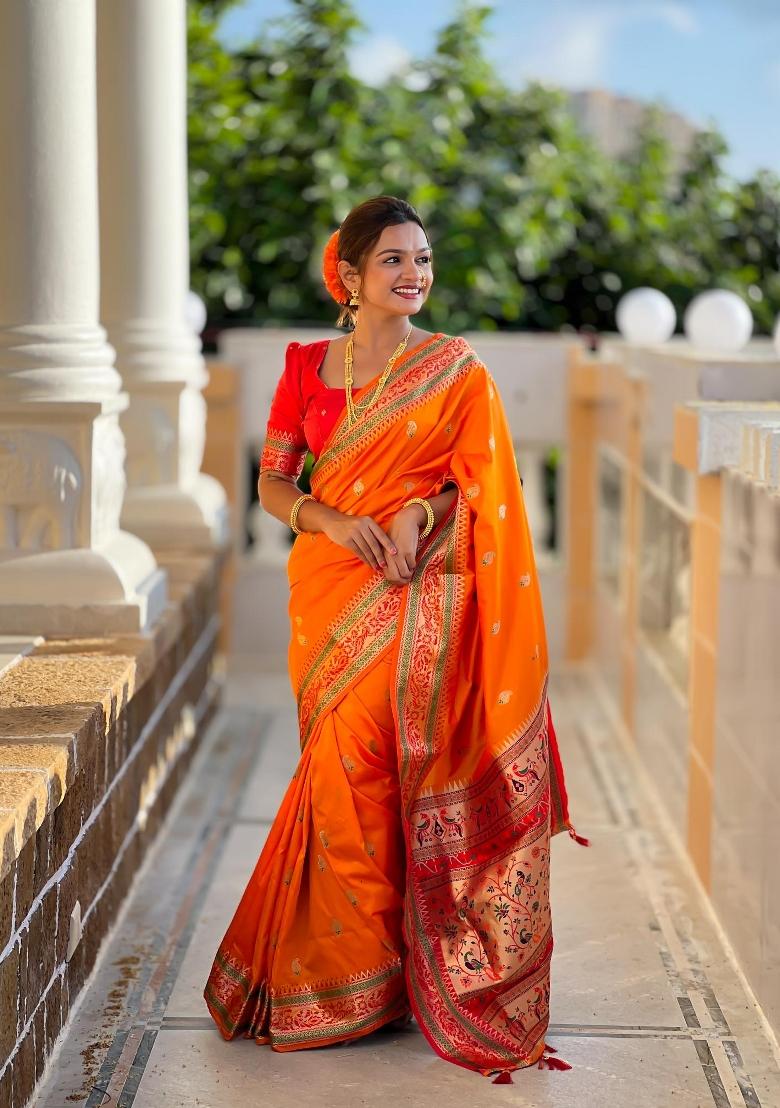 Orange Zari Woven Silk Saree Set - Indya