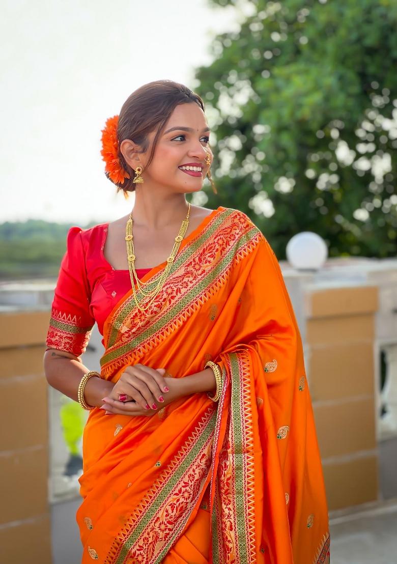 Orange Zari Woven Silk Saree Set - Indya