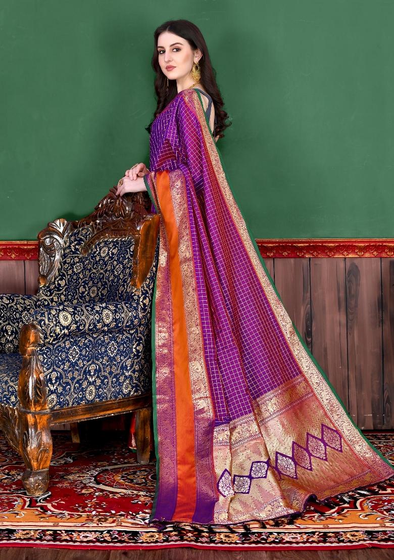 Magenta Zari Woven Silk Saree Set - Indya