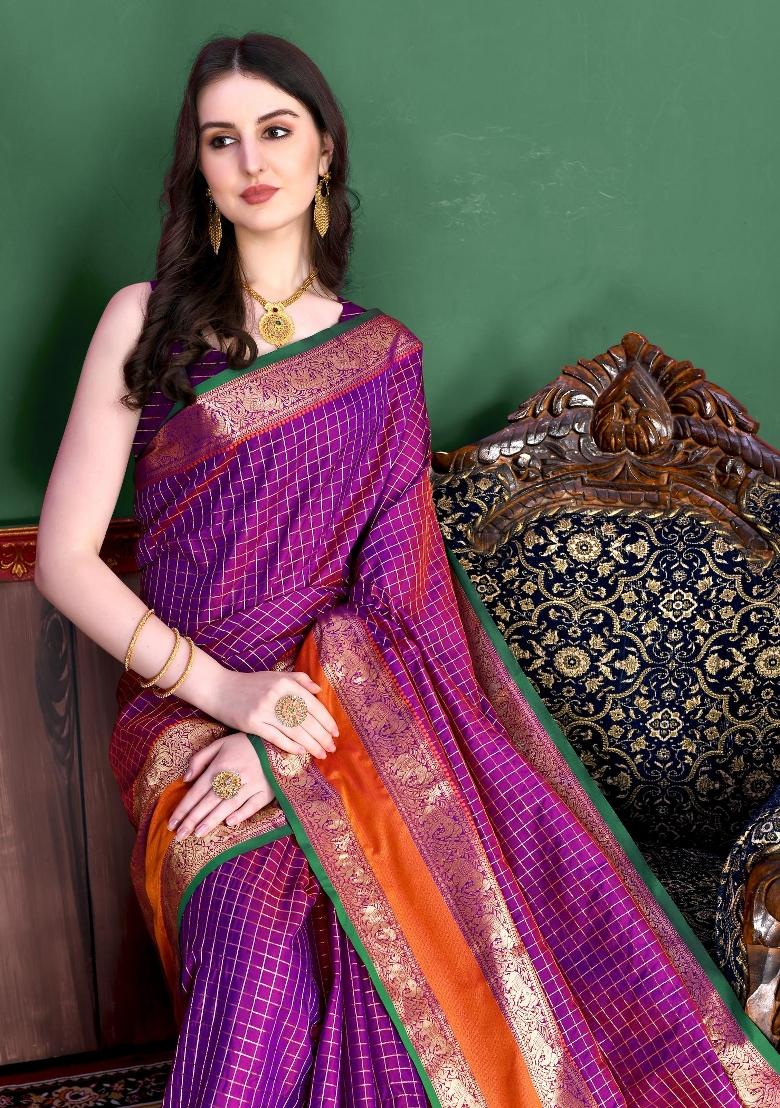 Magenta Zari Woven Silk Saree Set - Indya