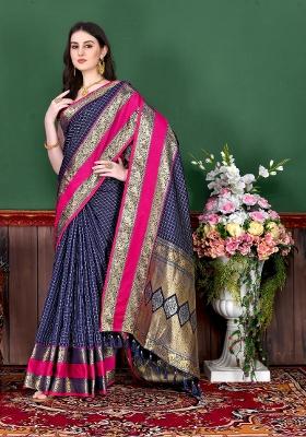 Navy Blue Zari Woven Silk Saree Set