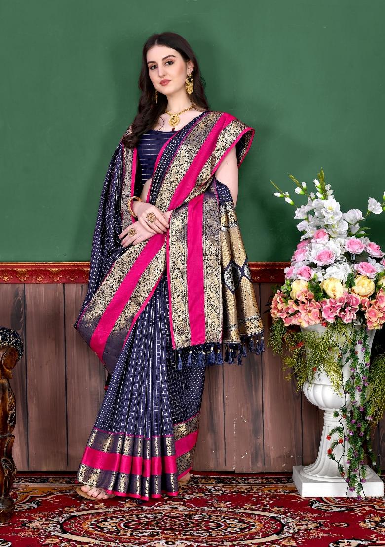 Navy Blue Zari Woven Silk Saree Set - Indya