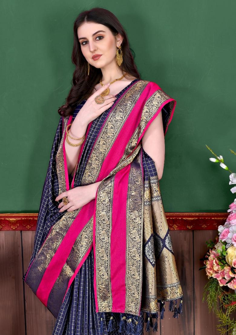 Navy Blue Zari Woven Silk Saree Set - Indya