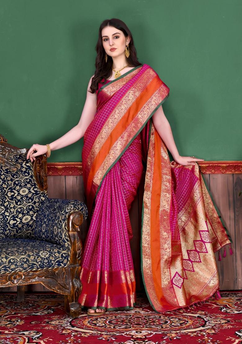 Pink Zari Woven Silk Saree Set - Indya