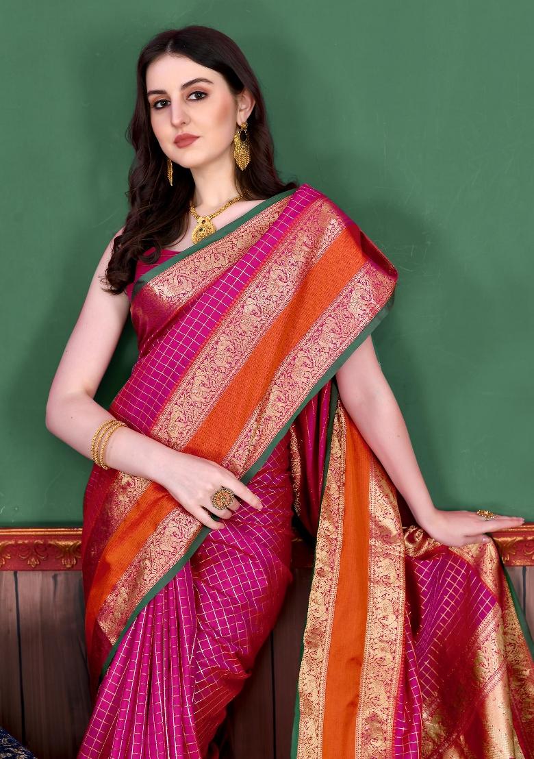Pink Zari Woven Silk Saree Set - Indya