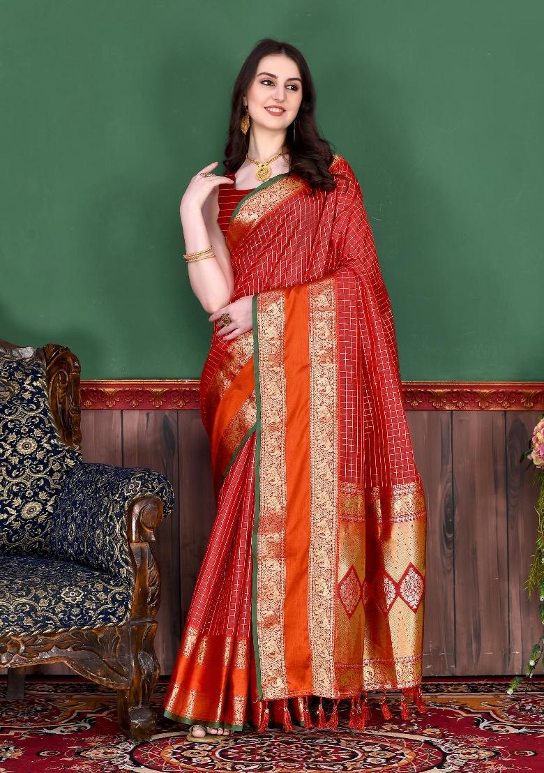 Red Zari Woven Silk Saree Set - Indya