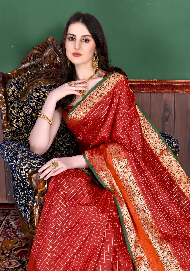 Red Zari Woven Silk Saree Set - Indya