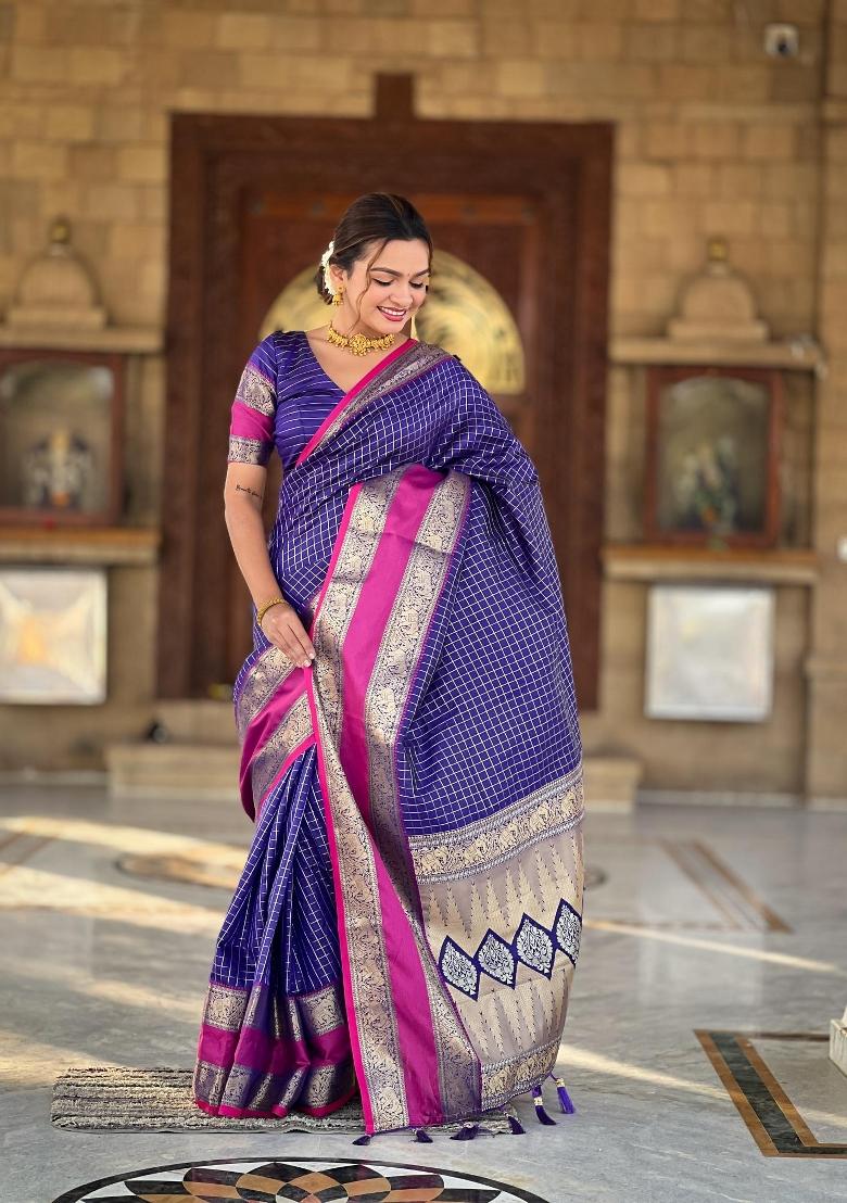 Violet Zari Woven Silk Saree Set - Indya