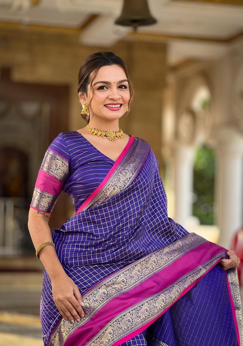 Violet Zari Woven Silk Saree Set - Indya