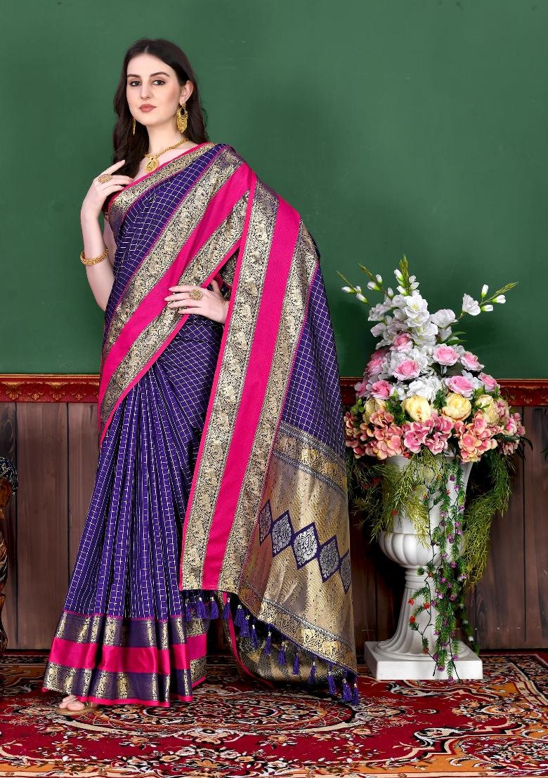 Violet Zari Woven Silk Saree Set - Indya