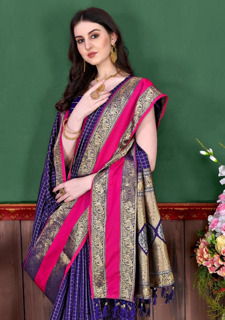 Violet Zari Woven Silk Saree Set - Indya