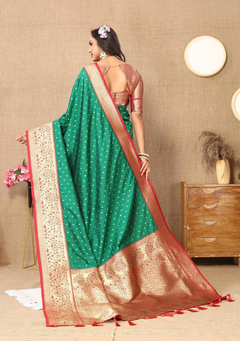 Green Zari Woven Silk Saree Set - Indya
