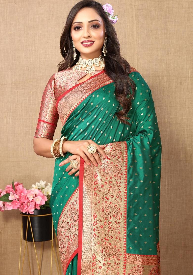 Green Zari Woven Silk Saree Set - Indya