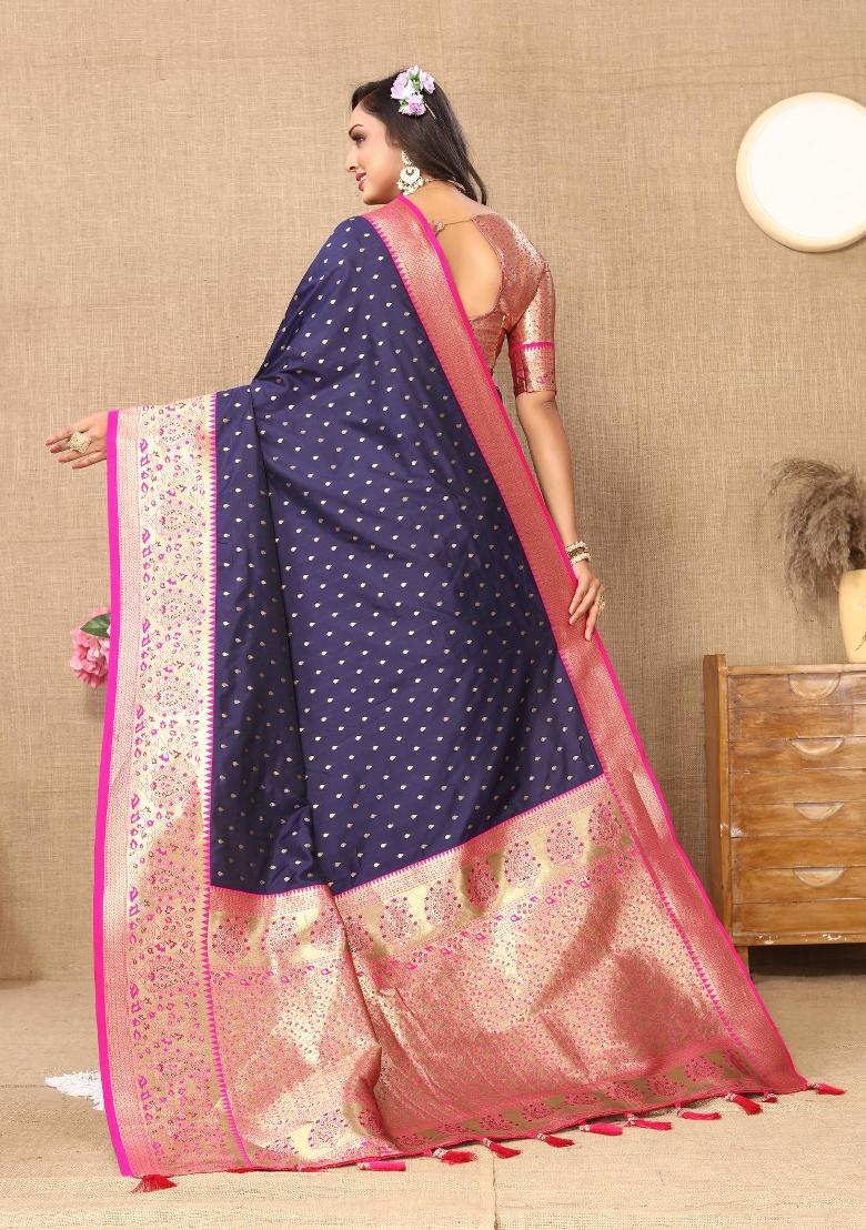 Navy Blue Zari Woven Silk Saree Set - Indya