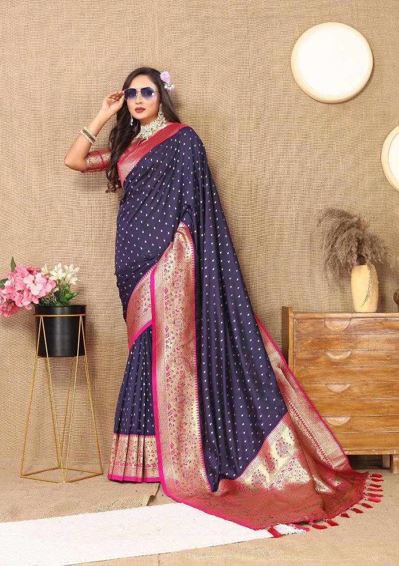 Navy Blue Zari Woven Silk Saree Set - Indya