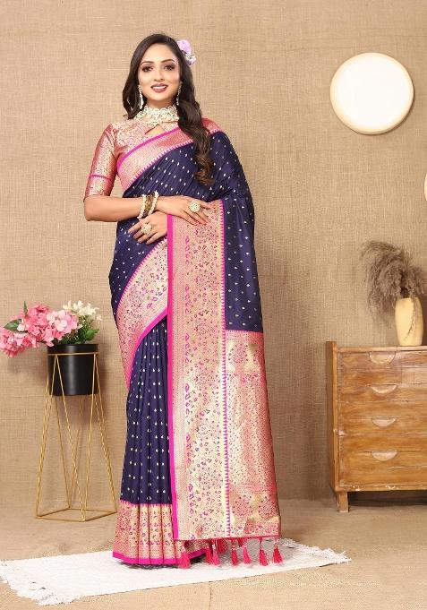 Navy Blue Zari Woven Silk Saree Set