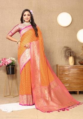 Orange Zari Woven Silk Saree Set