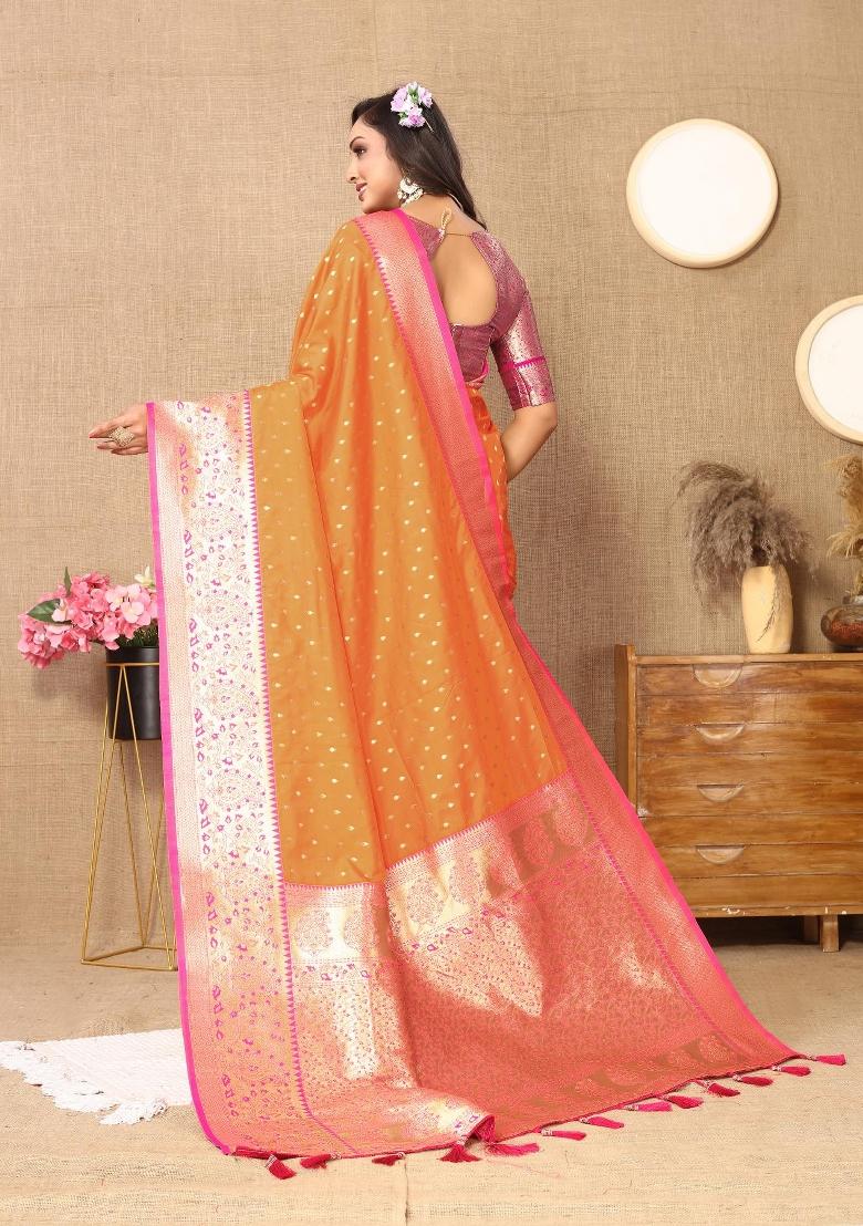 Orange Zari Woven Silk Saree Set - Indya