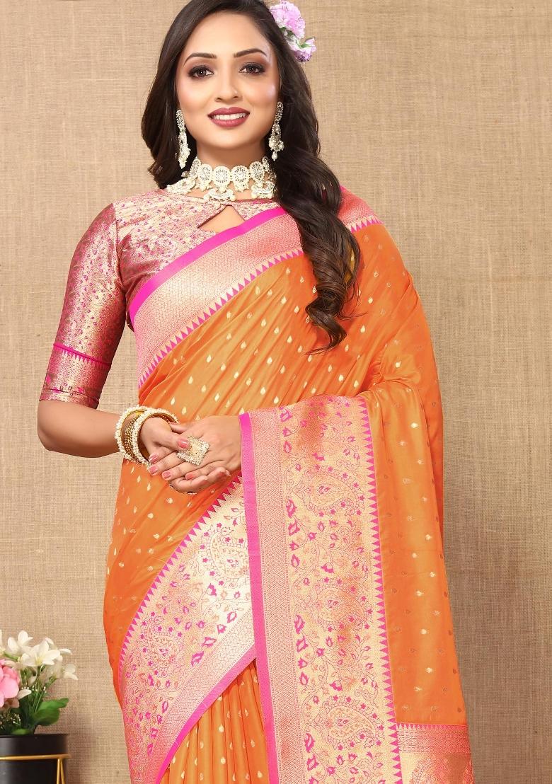 Orange Zari Woven Silk Saree Set - Indya
