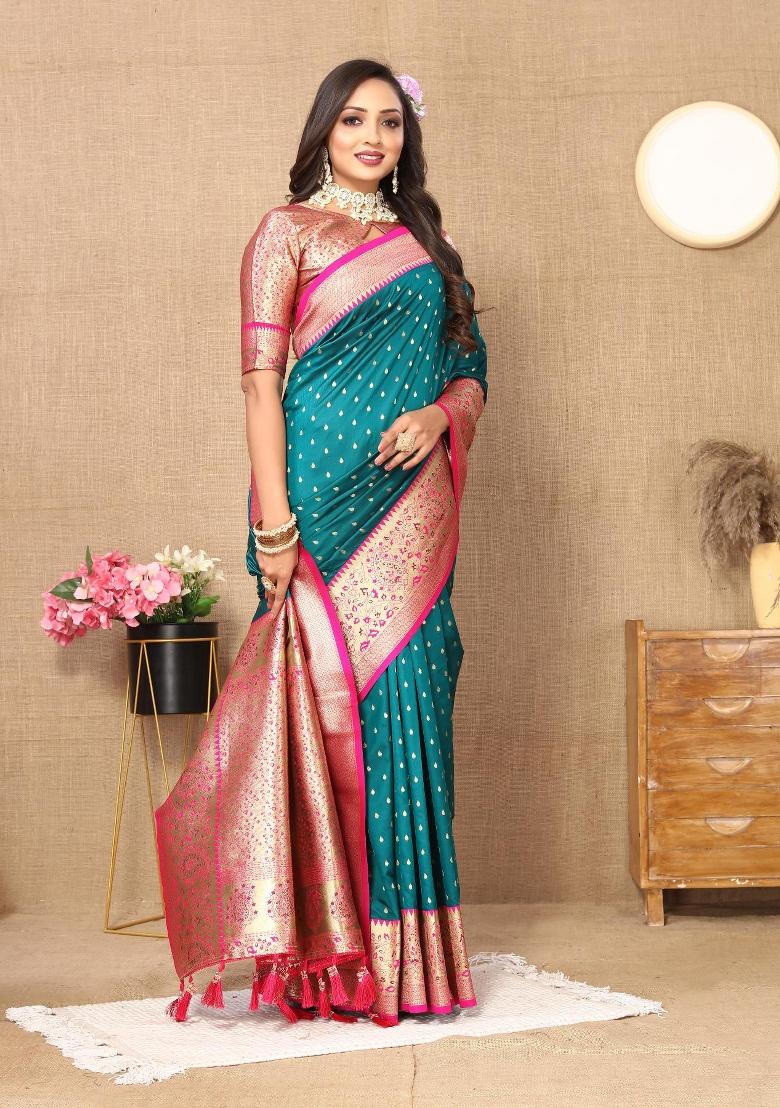 Rama Green Zari Woven Silk Saree Set - Indya