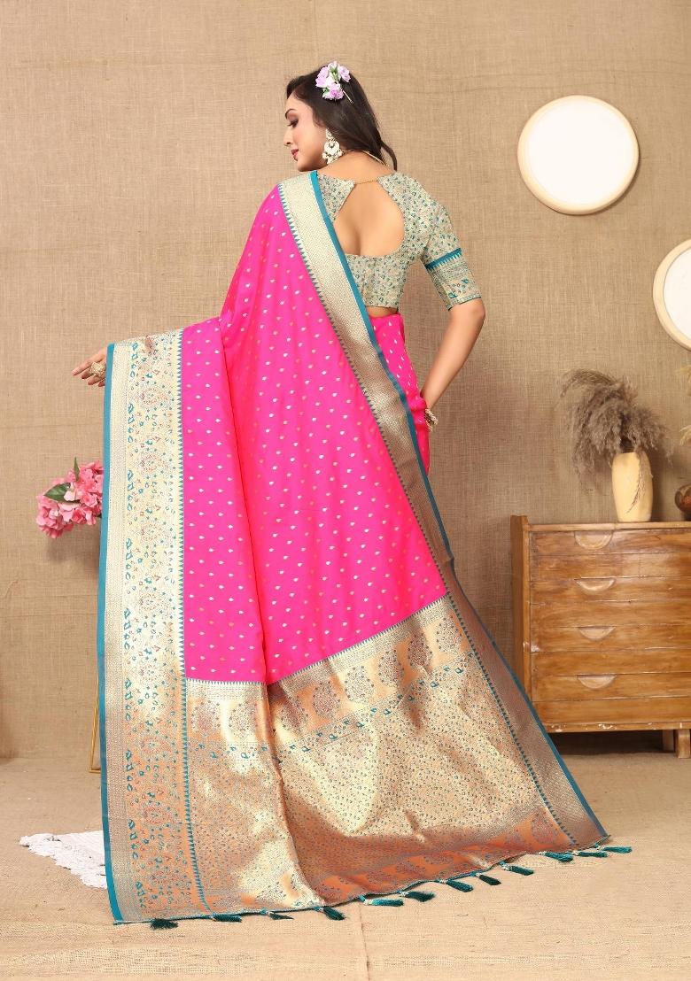 Pink Zari Woven Silk Saree Set - Indya
