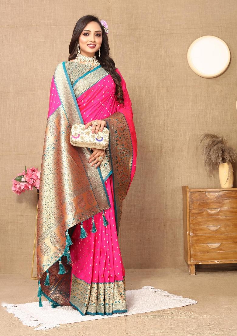 Pink Zari Woven Silk Saree Set - Indya