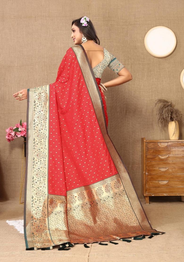 Red Zari Woven Silk Saree Set - Indya