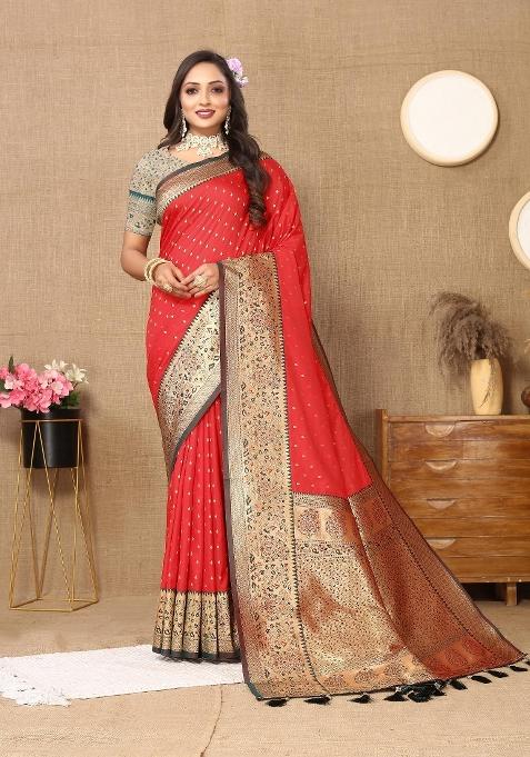 Red Zari Woven Silk Saree Set — view on Indya