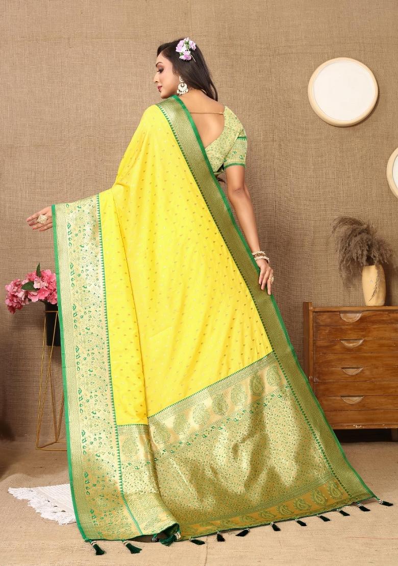 Yellow Zari Woven Silk Saree Set - Indya