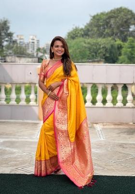 Yellow Zari Woven Silk Saree Set