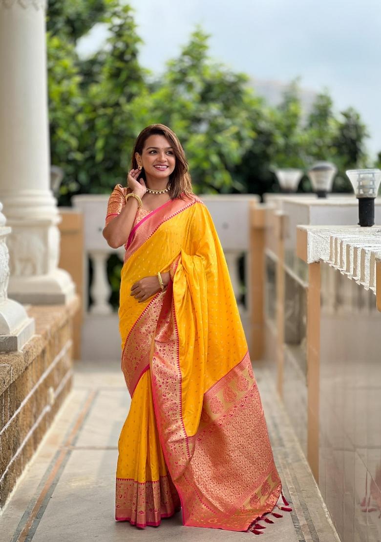 Yellow Zari Woven Silk Saree Set - Indya
