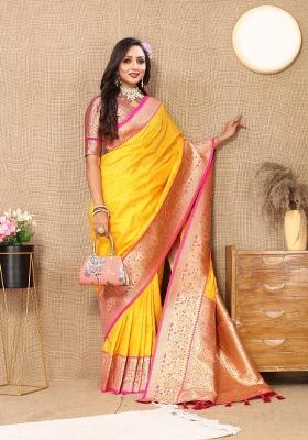Yellow Zari Woven Silk Saree Set