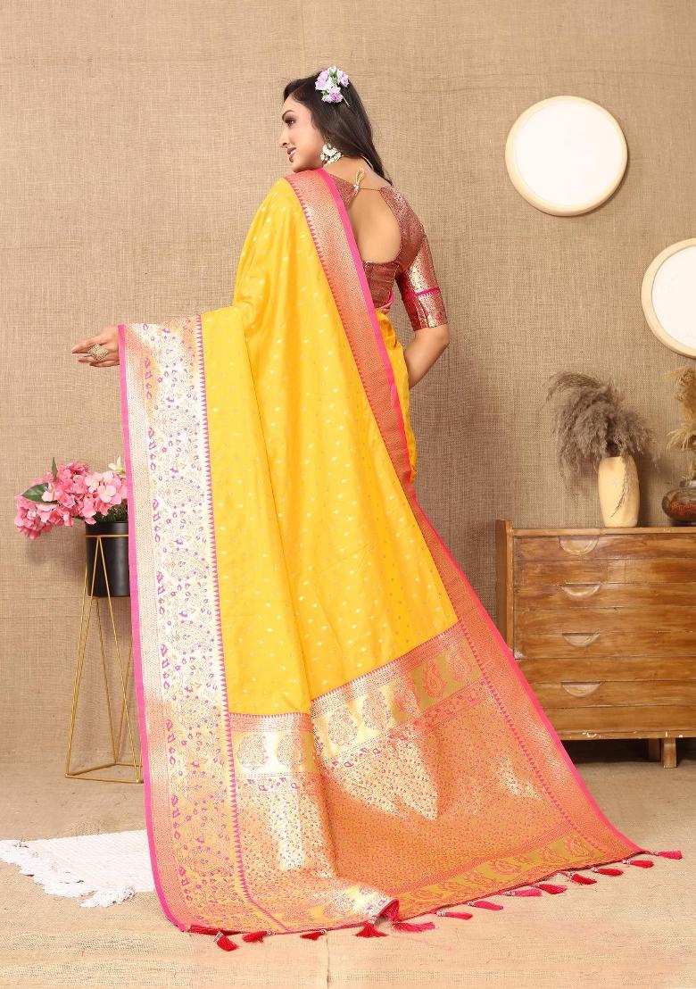 Yellow Zari Woven Silk Saree Set - Indya