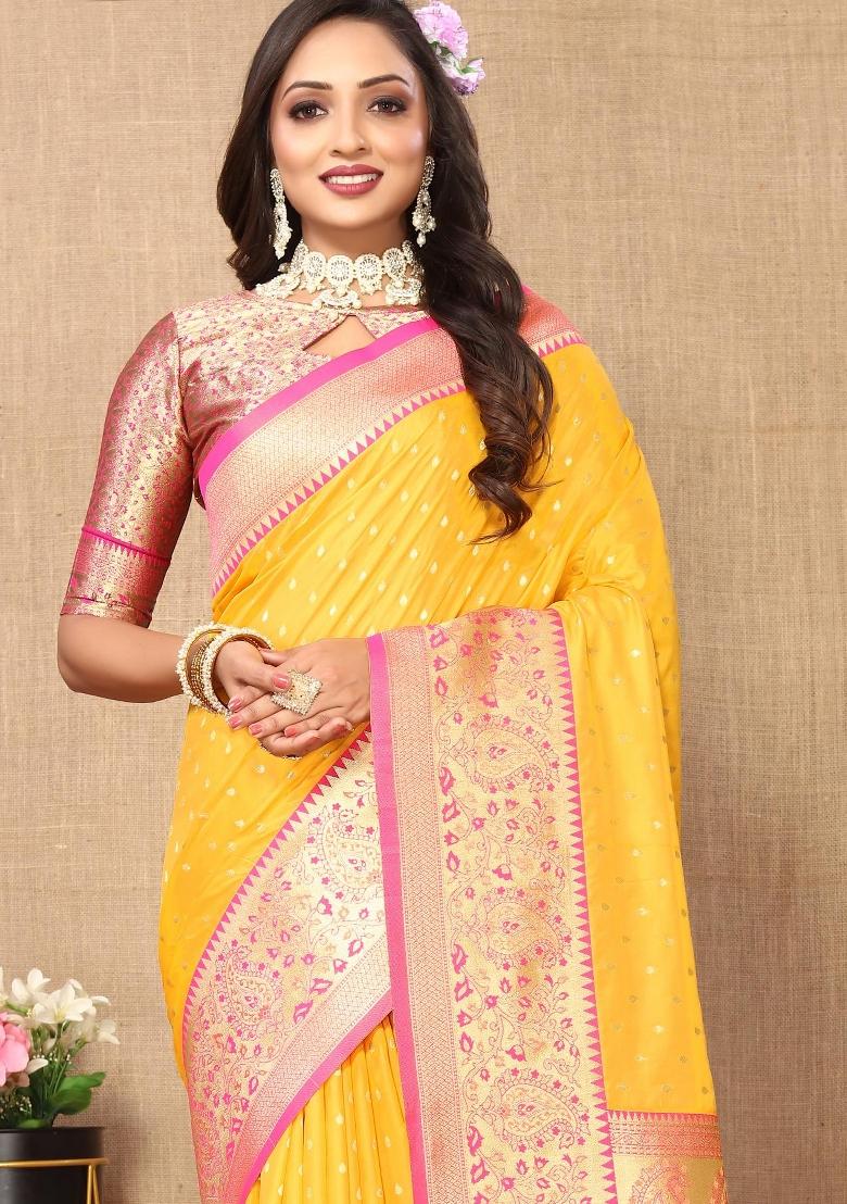 Yellow Zari Woven Silk Saree Set - Indya