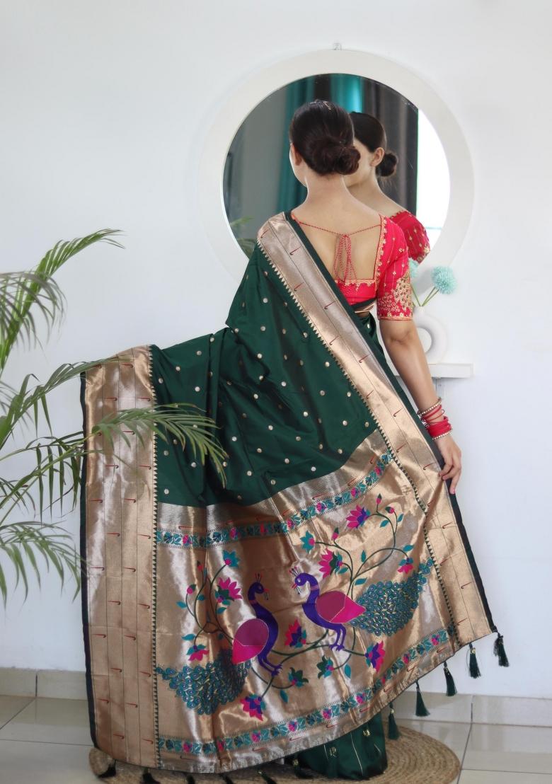 Green Zari Woven Silk Saree Set - Indya
