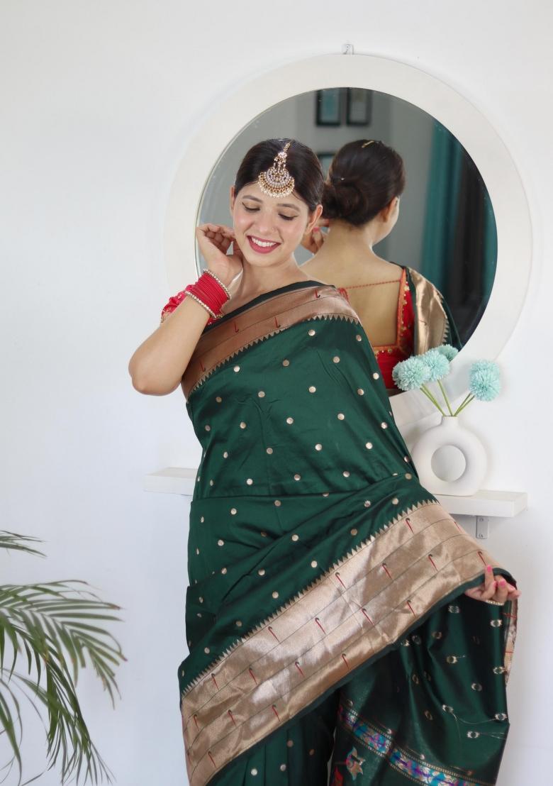 Green Zari Woven Silk Saree Set - Indya