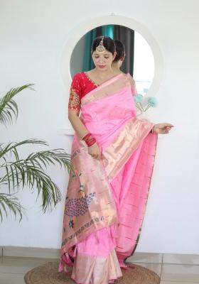 Pink Zari Woven Silk Saree Set