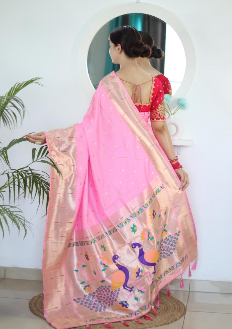 Pink Zari Woven Silk Saree Set - Indya