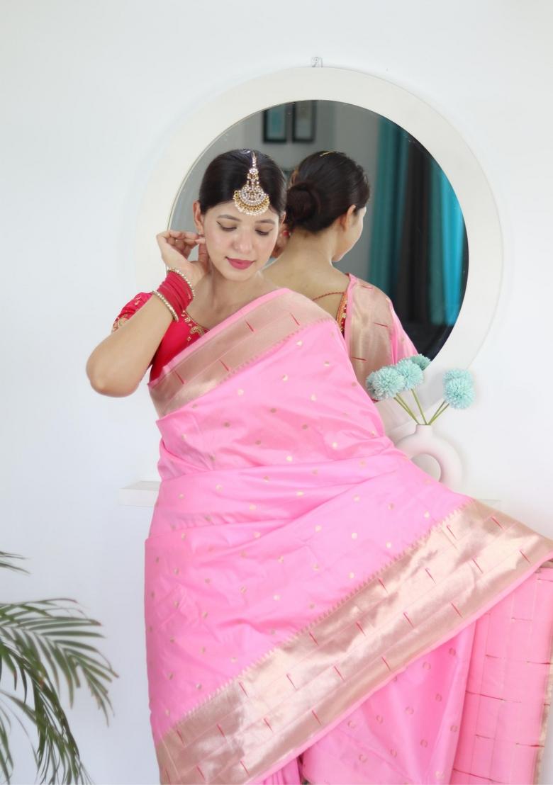 Pink Zari Woven Silk Saree Set - Indya