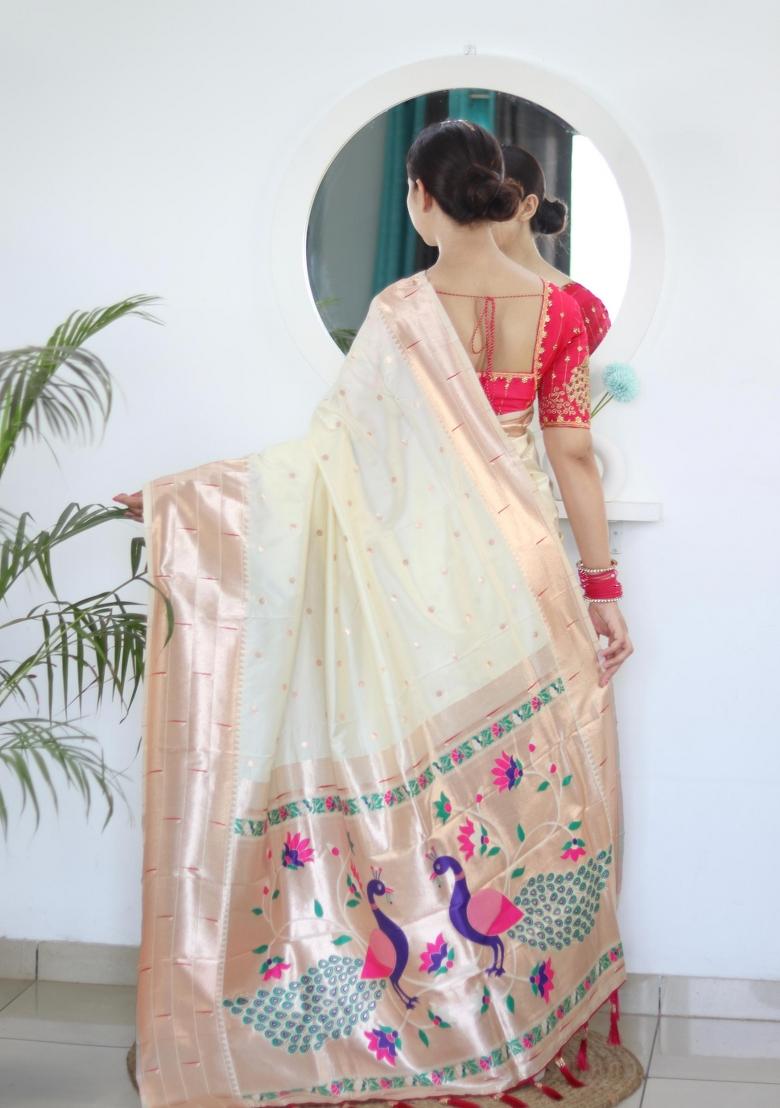 Cream Zari Woven Silk Saree Set - Indya