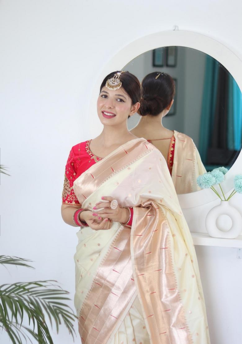 Cream Zari Woven Silk Saree Set - Indya