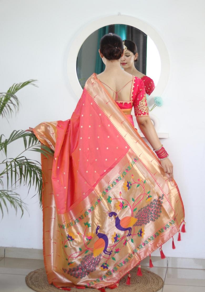 Pink Zari Woven Silk Saree Set - Indya