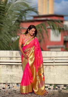 Pink Zari Woven Silk Saree Set